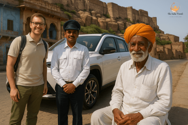 Cab Service in Jodhpur featuring a traditional Rajasthani driver with folded hands, welcoming a U.S. tourist beside a white Toyota SUV near Mehrangarh Fort.